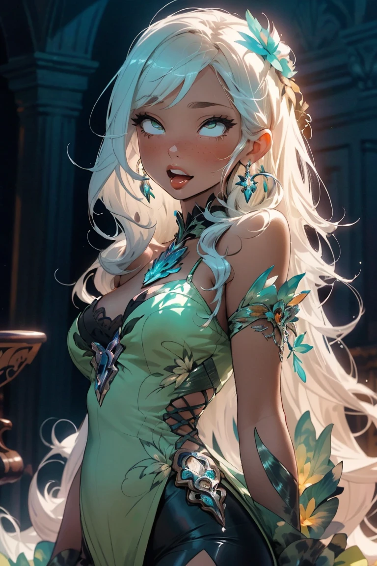 (((masterpiece))), (((best quality))), ((ultra-detailed)), (hyperrealistic), (highly detailed CG illustration), ((extremely delicate and beautiful)),cinematic light, (full body:1.2), 1girl, solo, graceful and enchanting figure, radiating an aura of elegance, intricate facial features, mesmerizing eyes with vibrant colors and delicate shading, white hair, (ahegao:1.2), (ahg:1.2), ?????? face, (rolling eyes:1.4), shivering, trembling, in agony, (reaching the climax:1.4), blush, embarrassed, tongue out, drool, (head facing upwards:1.1),clothing with elaborate patterns, flowing fabrics and rich textures, reflecting a blend of fantasy and contemporary fashion, no underwear, no bra, hard nipples, open chest, under boob, side boob, environment showing mystical realm filled with magical elements, vibrant colors, dynamic lighting, detailed background elements to create a sense of depth and immersion , latest trends in anime art, lighting effects, from the top artists on ArtStation and their exceptional execution of various art styles and themes , (cowboy shot:1.4), high-resolution artwork to showcase intricate details and clarity.