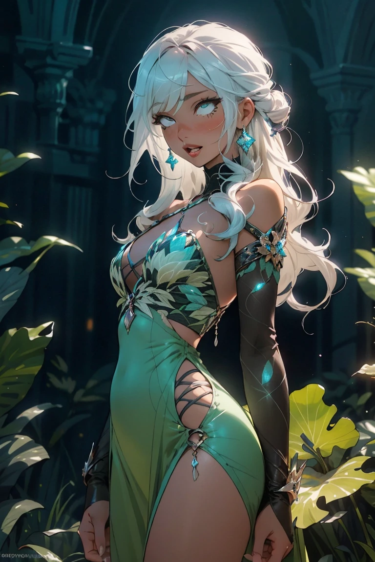 (((masterpiece))), (((best quality))), ((ultra-detailed)), (hyperrealistic), (highly detailed CG illustration), ((extremely delicate and beautiful)),cinematic light, (full body:1.2), 1girl, solo, graceful and enchanting figure, radiating an aura of elegance, intricate facial features, mesmerizing eyes with vibrant colors and delicate shading, white hair, (ahegao:1.2), (ahg:1.2), climax face, (rolling eyes:1.4), shivering, trembling, in agony, (reaching the climax:1.4), blush, embarrassed, tongue out, drool, (head facing upwards:1.1),clothing with elaborate patterns, flowing fabrics and rich textures, reflecting a blend of fantasy and contemporary fashion, no underwear, no bra, hard nipples, open chest, under boob, side boob, environment showing mystical realm filled with magical elements, vibrant colors, dynamic lighting, detailed background elements to create a sense of depth and immersion , latest trends in anime art, lighting effects, from the top artists on ArtStation and their exceptional execution of various art styles and themes , (cowboy shot:1.4), high-resolution artwork to showcase intricate details and clarity.