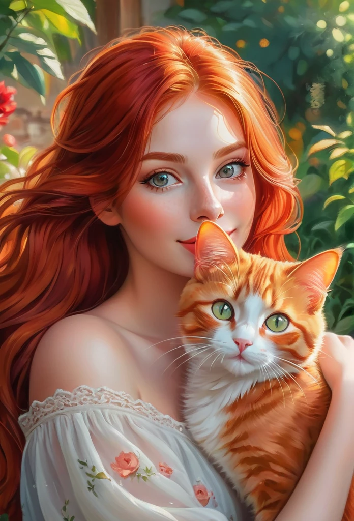 red-haired girl with a red cat, (best quality, masterpieces, ultra-detailed), beautiful detailed eyes, beautiful detailed lips, longeyelashes, vibrant colors, illustrative style, oil painting texture, flowing red hair, cozy garden background, soft sunlight, lively expression, joyful interaction with the cat, dynamic pose, realistic rendering.