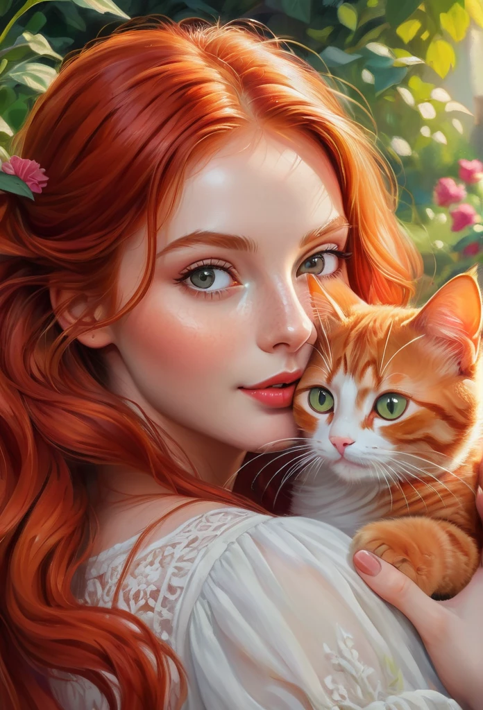 red-haired girl with a red cat, (best quality, masterpieces, ultra-detailed), beautiful detailed eyes, beautiful detailed lips, longeyelashes, vibrant colors, illustrative style, oil painting texture, flowing red hair, cozy garden background, soft sunlight, lively expression, joyful interaction with the cat, dynamic pose, realistic rendering.