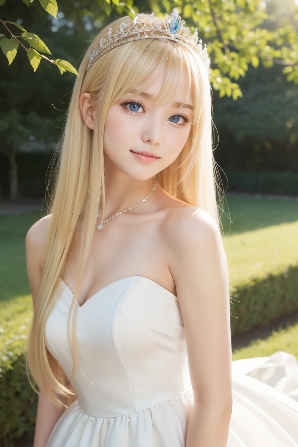 Super Long Blonde Straight Silky Hair、Very cute beautiful sexy beautiful girl、Very perfect and beautiful cute face、Glowing clear beautiful pale bright colored eyes、Pure white beautiful skin、Teaklight、with round face、Young Face、Innocent look、a little bit smile、wedding dress,european countryside,blonde,bangs bangs,pretty face,thick and muscular upper arms,tiara,armpit