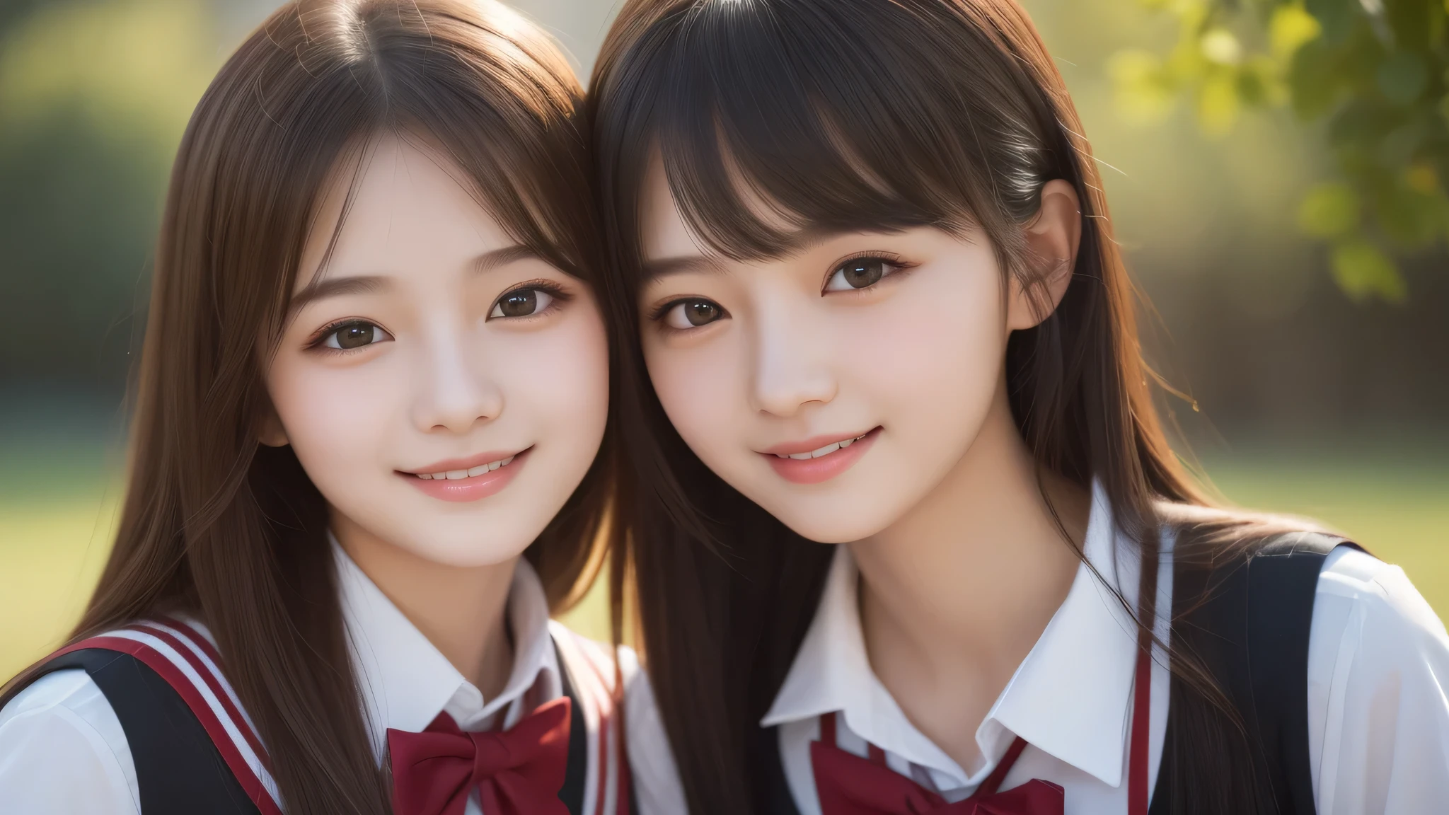 (2girl:1.2), enchanting smile, (Best Quality:1.4), Realistic, extremely detailed CG unified 8k wallpaper, highly detailed, High-definition raw color photos, professional photography, Realistic portrait, Cinematic Light, Beautiful detailed, Beautiful breasts, (Fine face:1.2), Close up portrait of girl, (high school uniform:1.2), Outdoors,