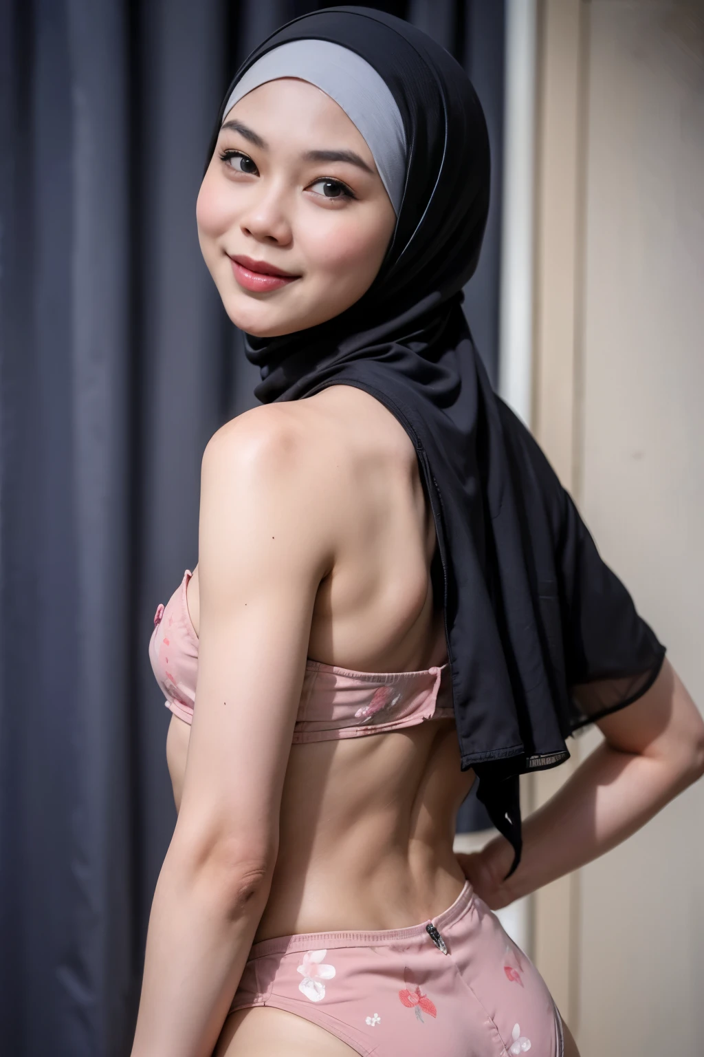 ((Flat Chest:1.7)), (Happy smile), (((HIJAB MALAY GIRL))), masutepiece, High quality, UHD 32K, Realistic face, Realistic skin feeling , A Japanese Lady, 58 years old matured lady, , Very cute and baby-like face, (((FLAT CHEST))), (Night time at forest), ((look In front  at the camera and SADNESS)), (((GREY FLUORESCENT))), (((CUTE GIRL))), ((GREY FLUORESCENT LIPS)), ((Floral Pattern)) little wearing satin strapless, dark night background , black forest night, horror scary place, (from behind up) seductive pose, G-String 