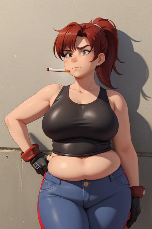 (masterpiece, highest quality:1.2), solo, 1girl, revy, 45-year-old, arm tattoo, mature woman, milf, Chubby figure, plump, fat rolls, big fat belly, expressionless, looking at viewer, ponytail, (Wearing: red tank top, fingerless gloves, black leather pants), holding a cigarette, city street, standing, leaning up against a wall
