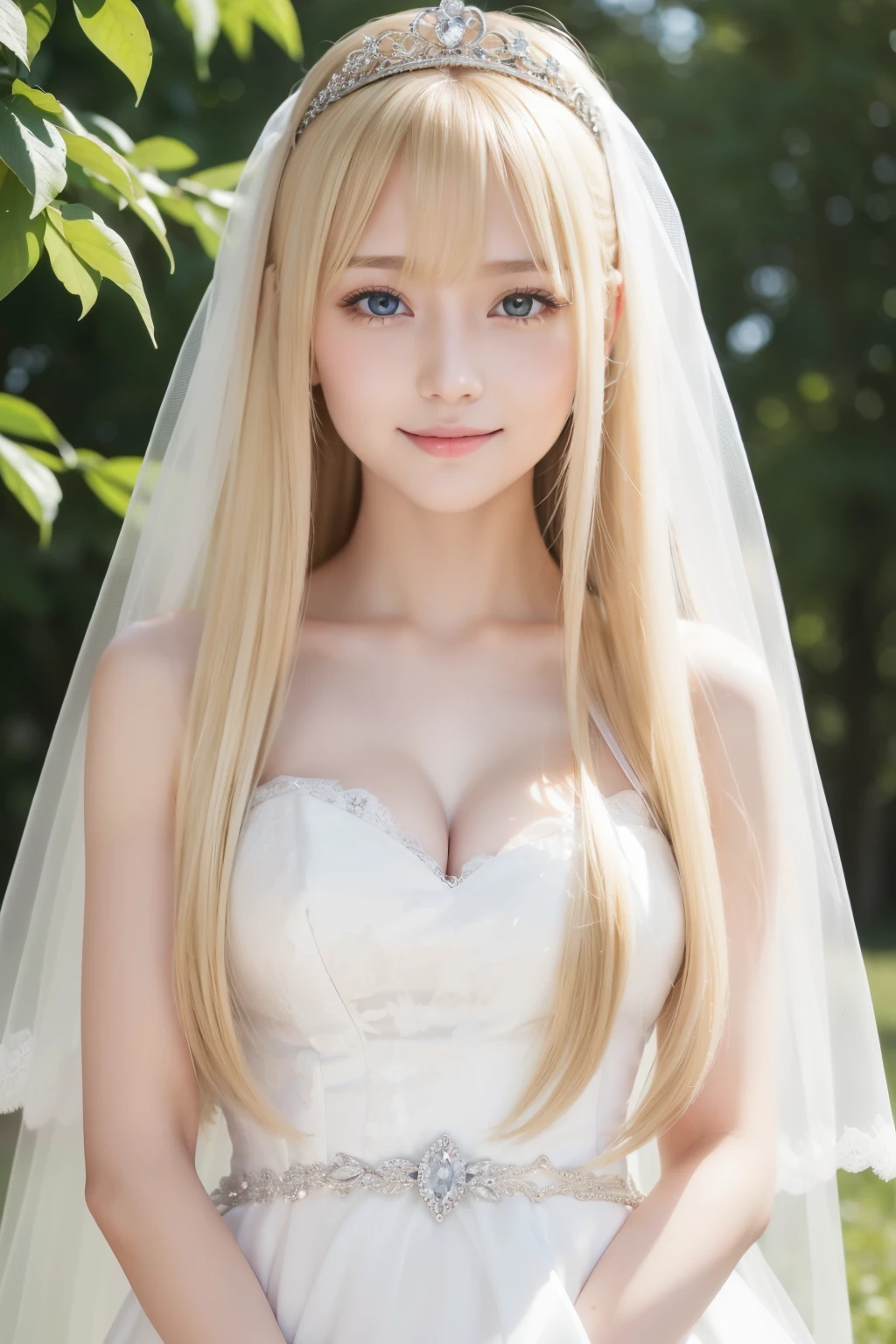Super Long Blonde Straight Silky Hair、Very cute beautiful sexy beautiful girl、Very perfect and beautiful cute face、Glowing clear beautiful pale bright colored eyes、Pure white beautiful skin、Teaklight、with round face、Young Face、Innocent look、a little bit smile、wedding dress,european countryside,blonde,bangs bangs,pretty face,thick and muscular upper arms,tiara