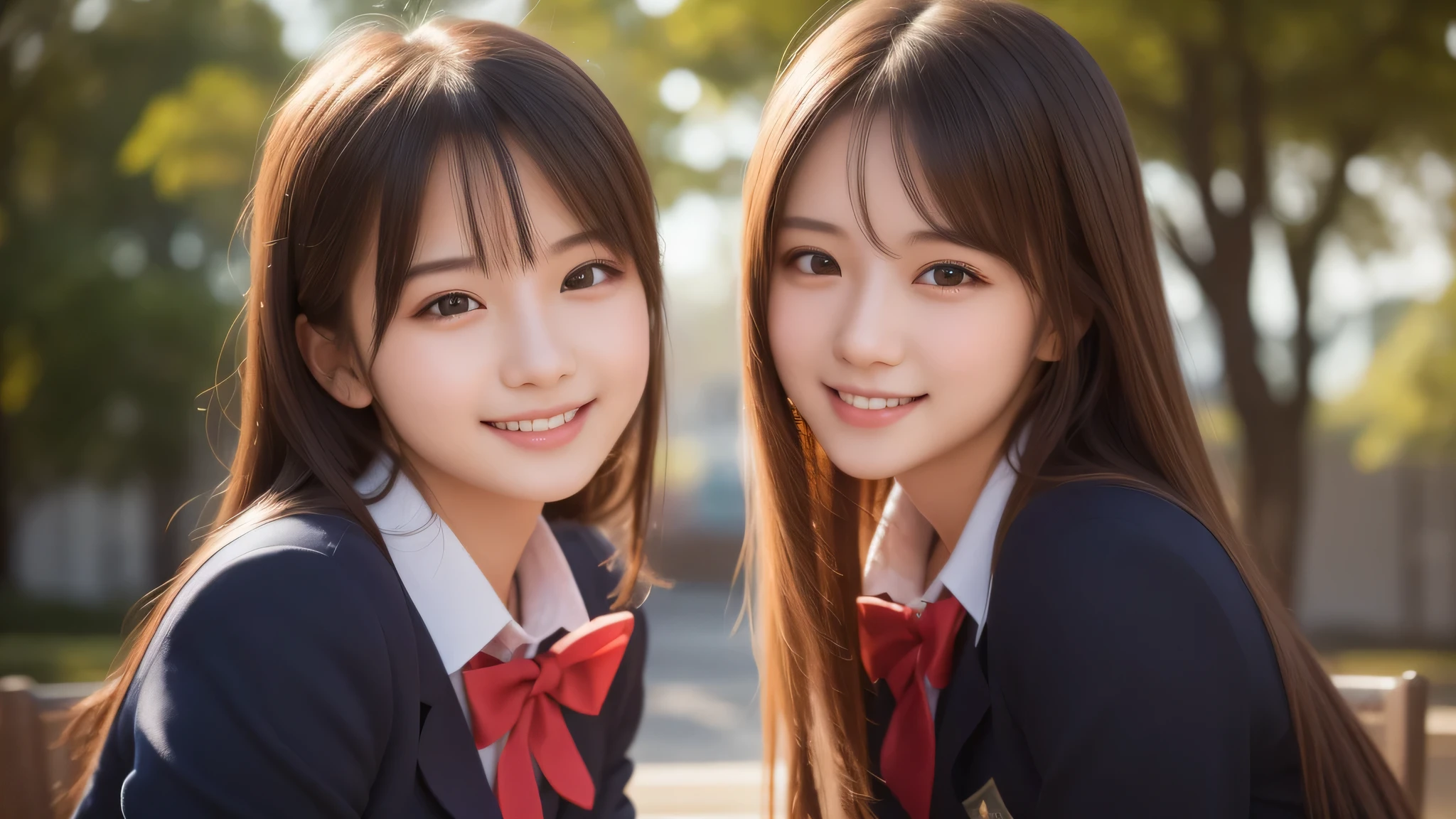 (2girl:1.2), enchanting smile, (Best Quality:1.4), Realistic, extremely detailed CG unified 8k wallpaper, highly detailed, High-definition raw color photos, professional photography, Realistic portrait, Cinematic Light, Beautiful detailed, Beautiful breasts, (Fine face:1.2), Close up portrait of girl, (high school uniform:1.2), Outdoors,