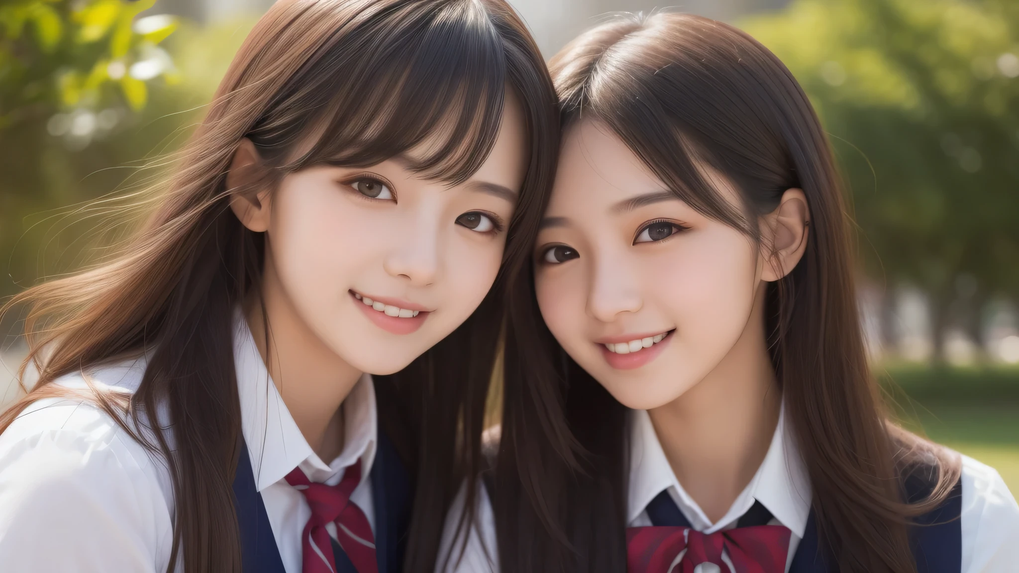 (2girl:1.2), enchanting smile, (Best Quality:1.4), Realistic, extremely detailed CG unified 8k wallpaper, highly detailed, High-definition raw color photos, professional photography, Realistic portrait, Cinematic Light, Beautiful detailed, Beautiful breasts, (Fine face:1.2), Close up portrait of girl, (high school uniform:1.2), Outdoors, 