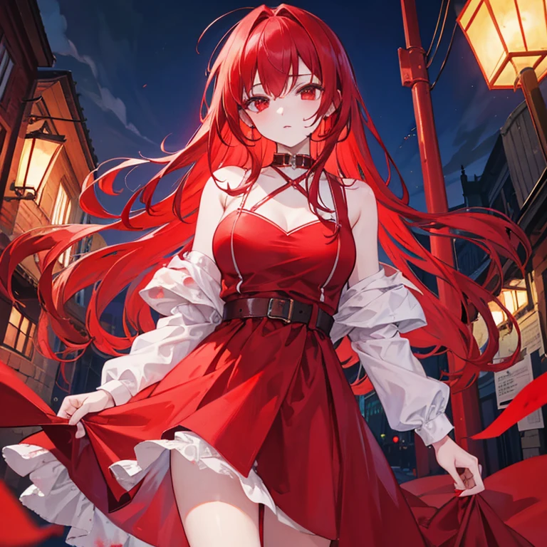 (Master piece Best quality),1 Girl, red hair, blood on lips, red dress, night, full of blood, moon, background street lights,