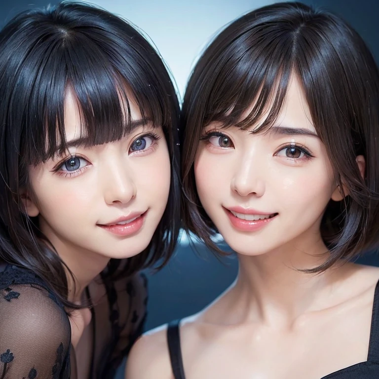 (masterpiece, highest quality、software:1.8), ((1 female:1.6)), Realistic, Realistic, Looking at the audience, lips, bangs, Mouth closed,happy smile、 Upper Body、Big eyes、eyelash、((very simple dark blue background:2、Beautiful face in symmetry))、(((short hair with bangs、Big eyes、big and full breasts、Looking at the audience、Beautiful beauty、smile、please close your mouth and smile)))、Ideal body type