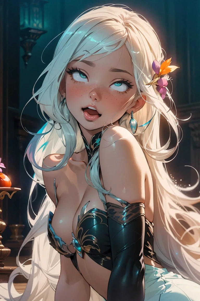 (((masterpiece))), (((best quality))), ((ultra-detailed)), (hyperrealistic), (highly detailed CG illustration), ((extremely delicate and beautiful)),cinematic light, (full body:1.2), 1girl, solo, graceful and enchanting figure, radiating an aura of elegance, intricate facial features, mesmerizing eyes with vibrant colors and delicate shading, white hair, (ahegao:1.2), (ahg:1.2), climax face, (rolling eyes:1.4), shivering, trembling, in agony, (reaching the climax:1.4), blush, embarrassed, tongue out, drool, (head facing upwards:1.1),clothing with elaborate patterns, flowing fabrics and rich textures, reflecting a blend of fantasy and contemporary fashion, no underwear, no bra, hard nipples, open chest, under boob, side boob, environment showing mystical realm filled with magical elements, vibrant colors, dynamic lighting, detailed background elements to create a sense of depth and immersion , latest trends in anime art, lighting effects, from the top artists on ArtStation and their exceptional execution of various art styles and themes , (cowboy shot:1.4), high-resolution artwork to showcase intricate details and clarity.