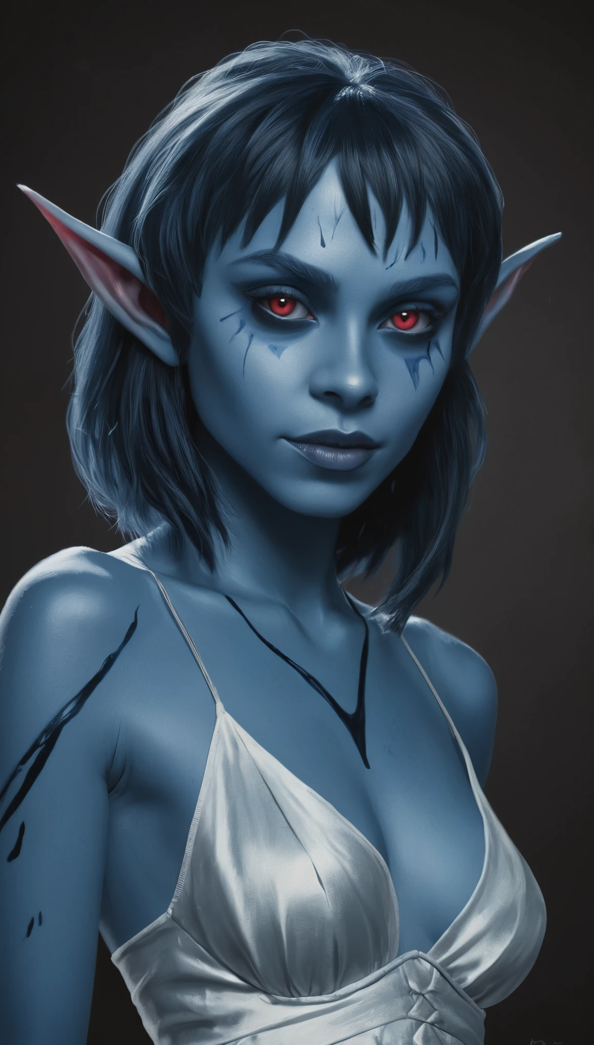 An illustrated movie poster, hand-drawn, full color, a young drow woman, drow elf, wearing a silk chemise, blue skin, blue complexion, pointy elf ears, ruby eyes, dark hair, shaggy bob, posing like a model, hard shadows, graphite shading, stencil marks, airbrushed acrylic paint, masterpiece, in the style of Rockstar Games
