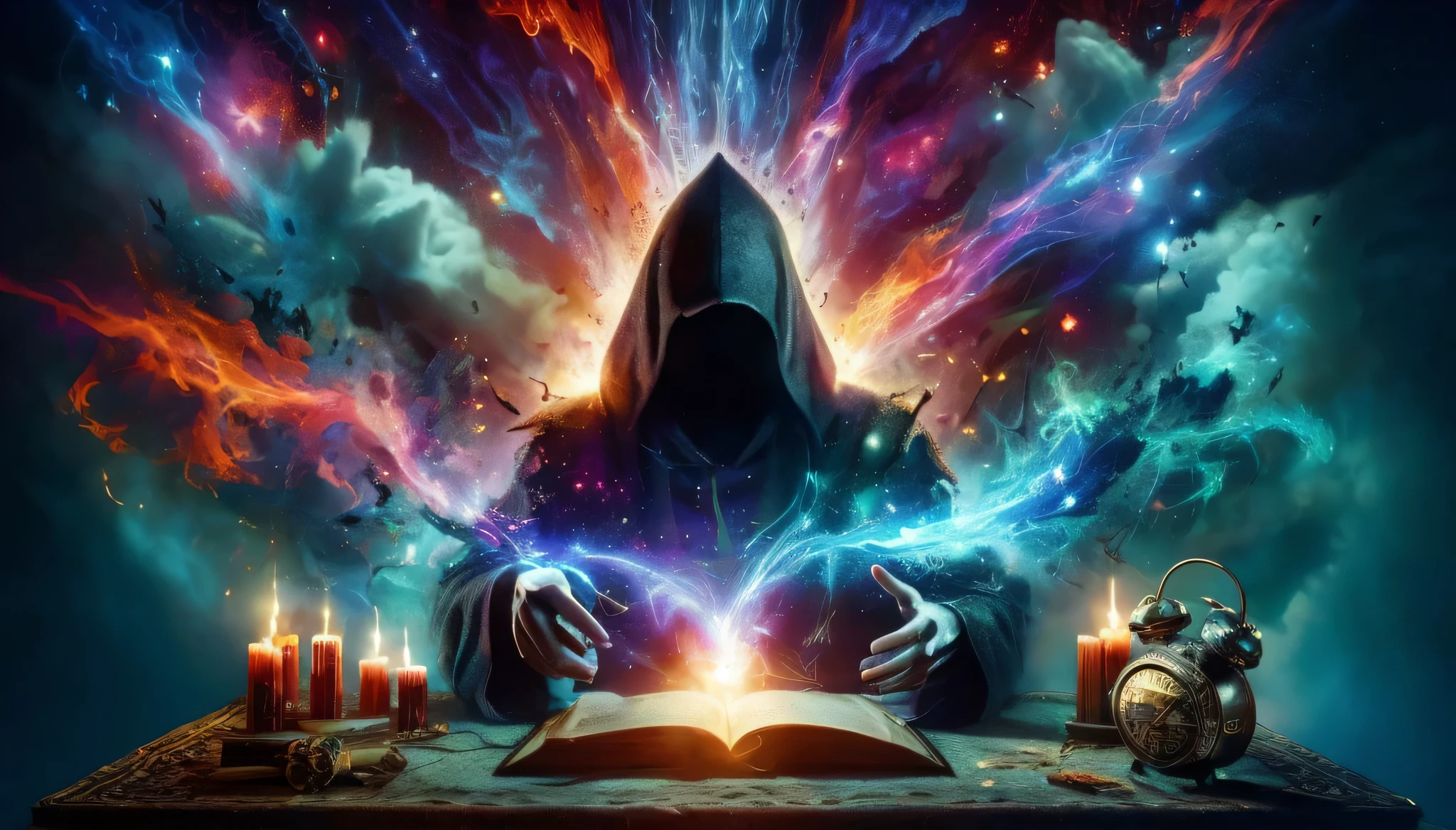 a person in a hoodie is reading a book with candles and a clock, spell casting wizard, spell casting, an arcane wizard casting a spell, black magic spells, holy fire spell art, magick, fractal thunder dan mumford, dark fantasy esoteric, dan mumford and alex grey style, science fantasy painting, spells magic, evil realm magic painting vibes