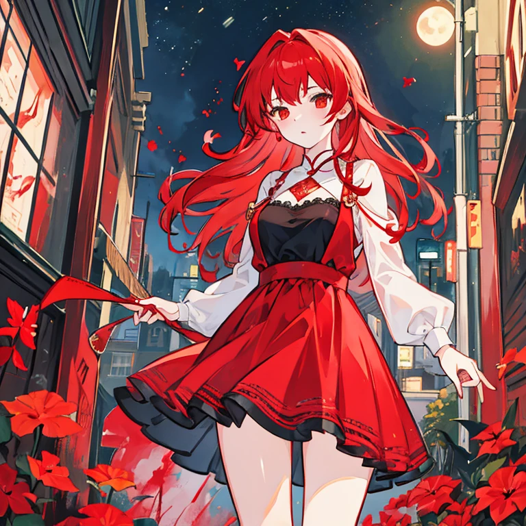  (Master piece Best quality),1 Girl, red hair, blood on lips, red dress, night, full of blood, moon, background street lights,
