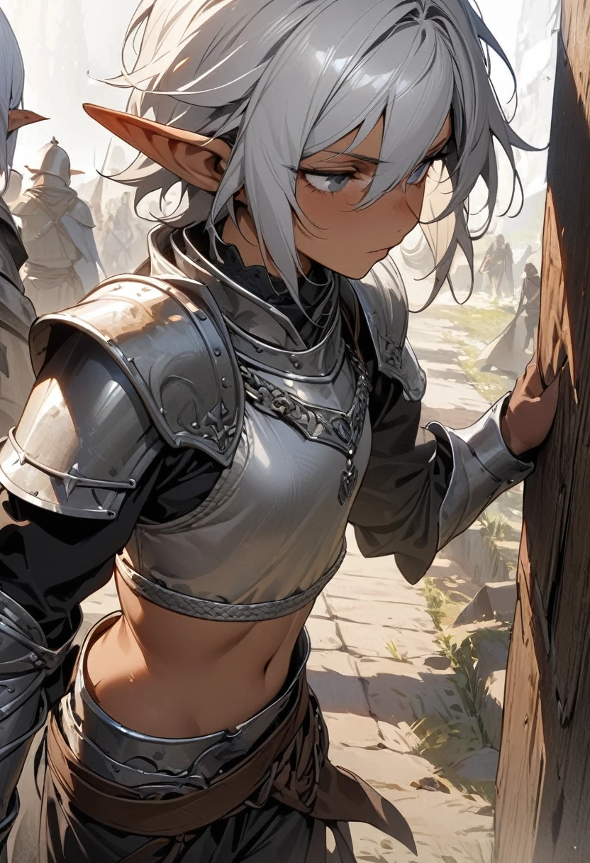 Best image quality, Excellent details, Ultra-high resolution, Best illustrations, Favorite Details, A very condensed boy, Delicate and beautiful features, Dark skin, Medium Silver Hair, Androgynous, Black Pants, elf boy, Medieval Armor, Crop top