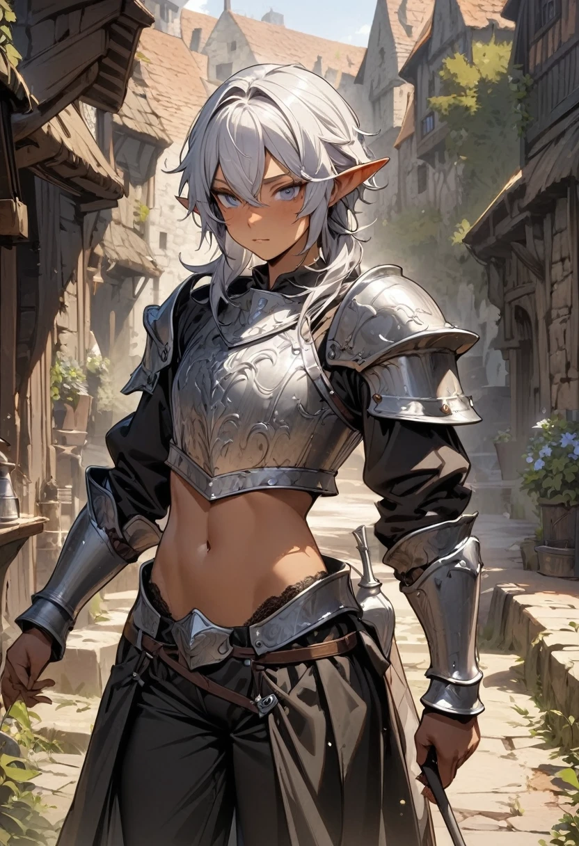 Best image quality, Excellent details, Ultra-high resolution, Best illustrations, Favorite Details, A very condensed boy, Delicate and beautiful features, Dark skin, Medium Silver Hair, Androgynous, Black Pants, elf boy, Medieval Armor, Crop top