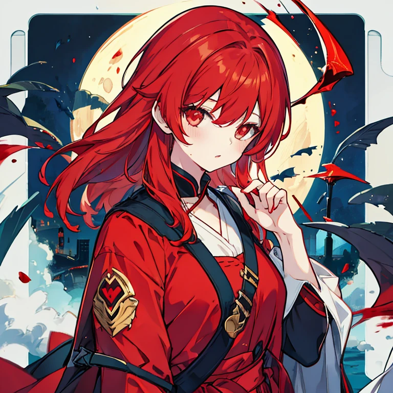 (Master piece Best quality),1 Girl, red hair, blood on lips, red dress, night, full of blood, moon, background street lights,