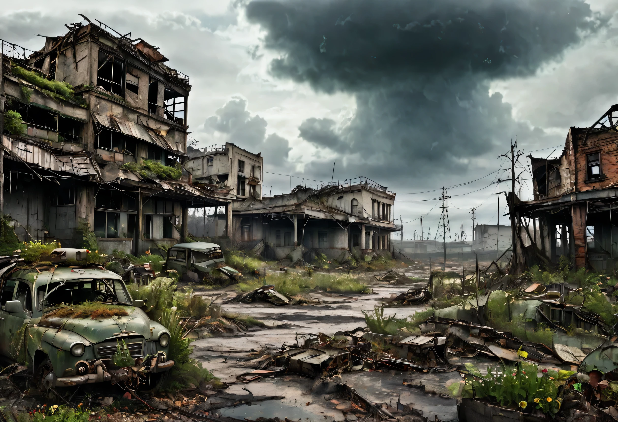 Post-Apocalyptic Wasteland, Illustration of Fallout worldview, crumbling buildings, scattered debris, no living plants, dreary gloom, overcast sky, just a little hope