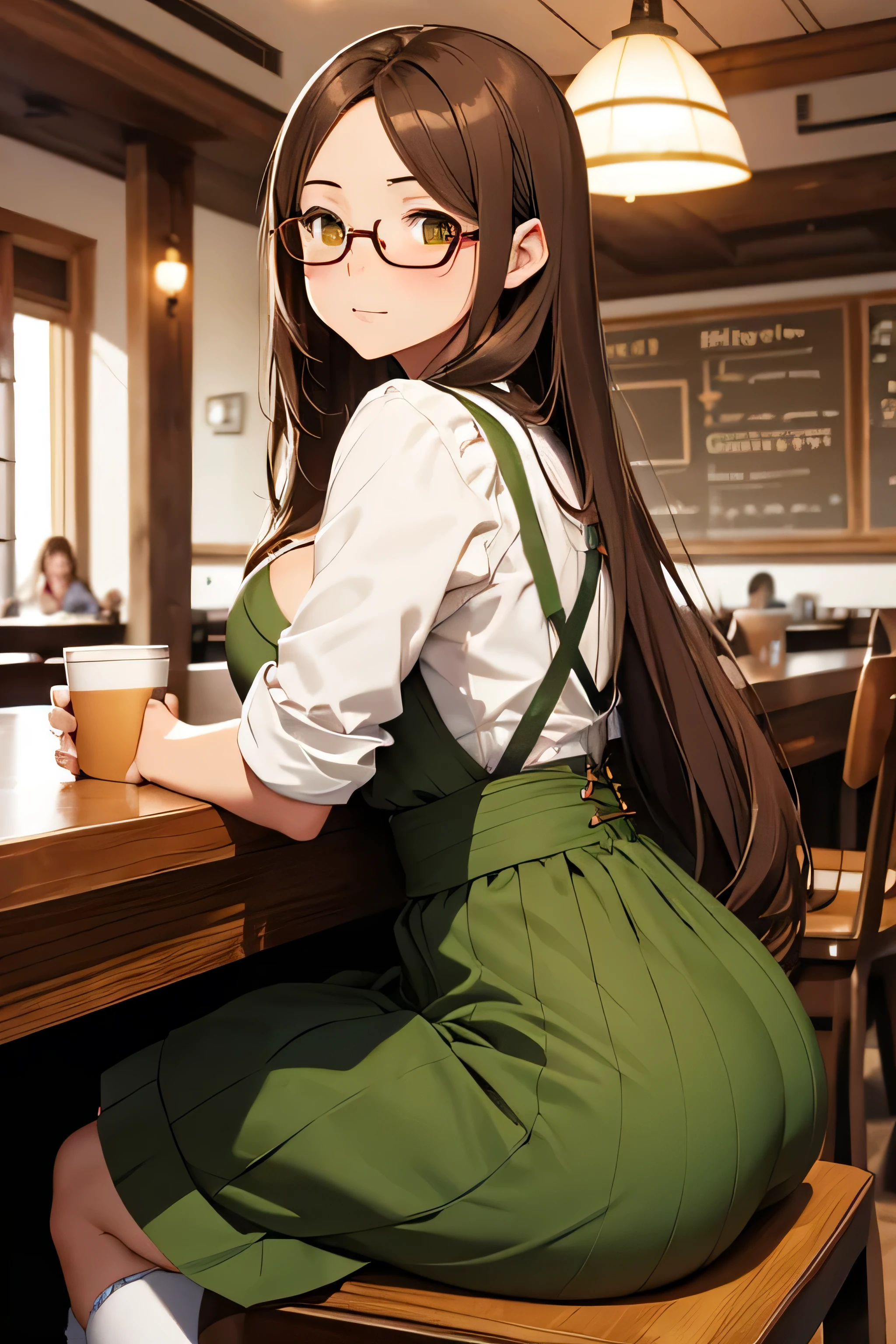 High resolution, high quality, 1 girl, Anime Girls, Brown long hair, Brown eyes, Green glasses, Sunburned skin, big breasts, (Big Ass),long dirndl skirt,sitting,at cafe,