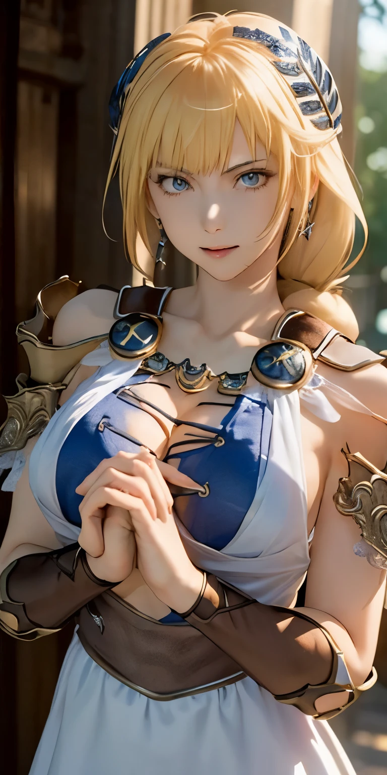 (masterpiece, best quality:1.3), Sophitia Alexandra, Soul Calibur, (upper body:1.5), anime, intricate detail, japanese style, 28 years old, look at viewer, gold hair, braid hair, (evil look:1.5), (covering chest by hands:1.5), (ruins blessed by the god Hephaestus, filled with a mystical air, beautiful stars spread out in a mysterious arrangement in the dark midnight:1.2),