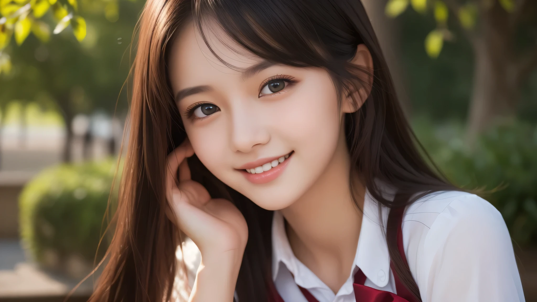 (2girl:1.2), enchanting smile, (Best Quality:1.4), Realistic, extremely detailed CG unified 8k wallpaper, highly detailed, High-definition raw color photos, professional photography, Realistic portrait, Cinematic Light, Beautiful detailed, Beautiful breasts, (Fine face:1.2), Close up portrait of girl, (high school uniform:1.2), Outdoors,