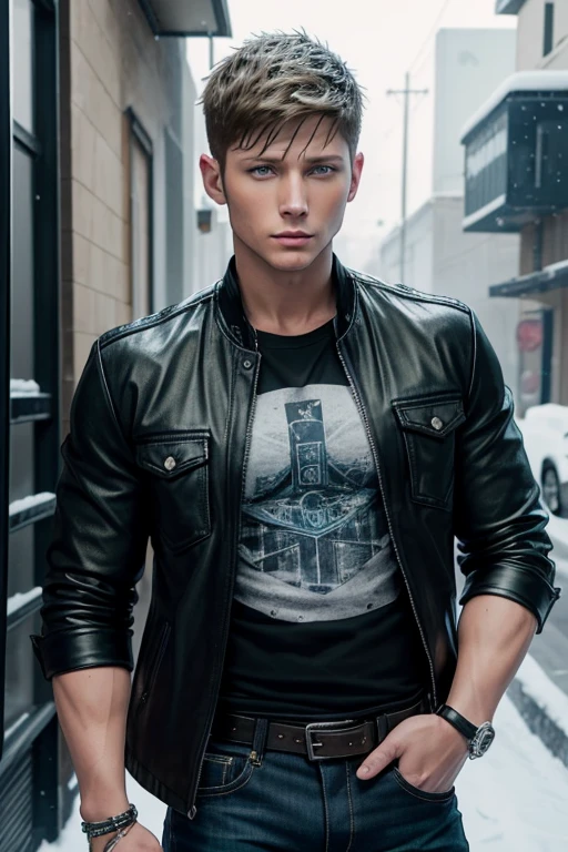 Jensen Ackles 20-year-old boy with open black jacket, blue t-shirt with snow print, short black hair, punk style, yellow locks, black jeans, green eyes, black leather belt, silver buckle, slim muscular build, cross medallion, silver bracelet, looking straight at the viewer