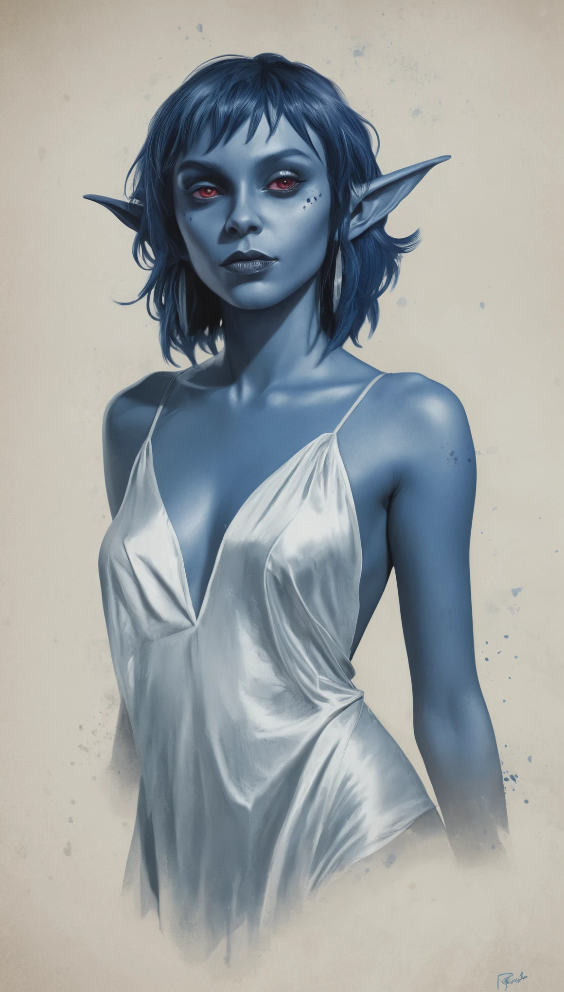 An illustrated movie poster, hand-drawn, full color, a young drow woman, drow elf, wearing a silk chemise, blue skin, blue complexion, pointy elf ears, ruby eyes, dark hair, shaggy bob, posing like a model, hard shadows, graphite shading, stencil marks, airbrushed acrylic paint, masterpiece, in the style of Rockstar Games
