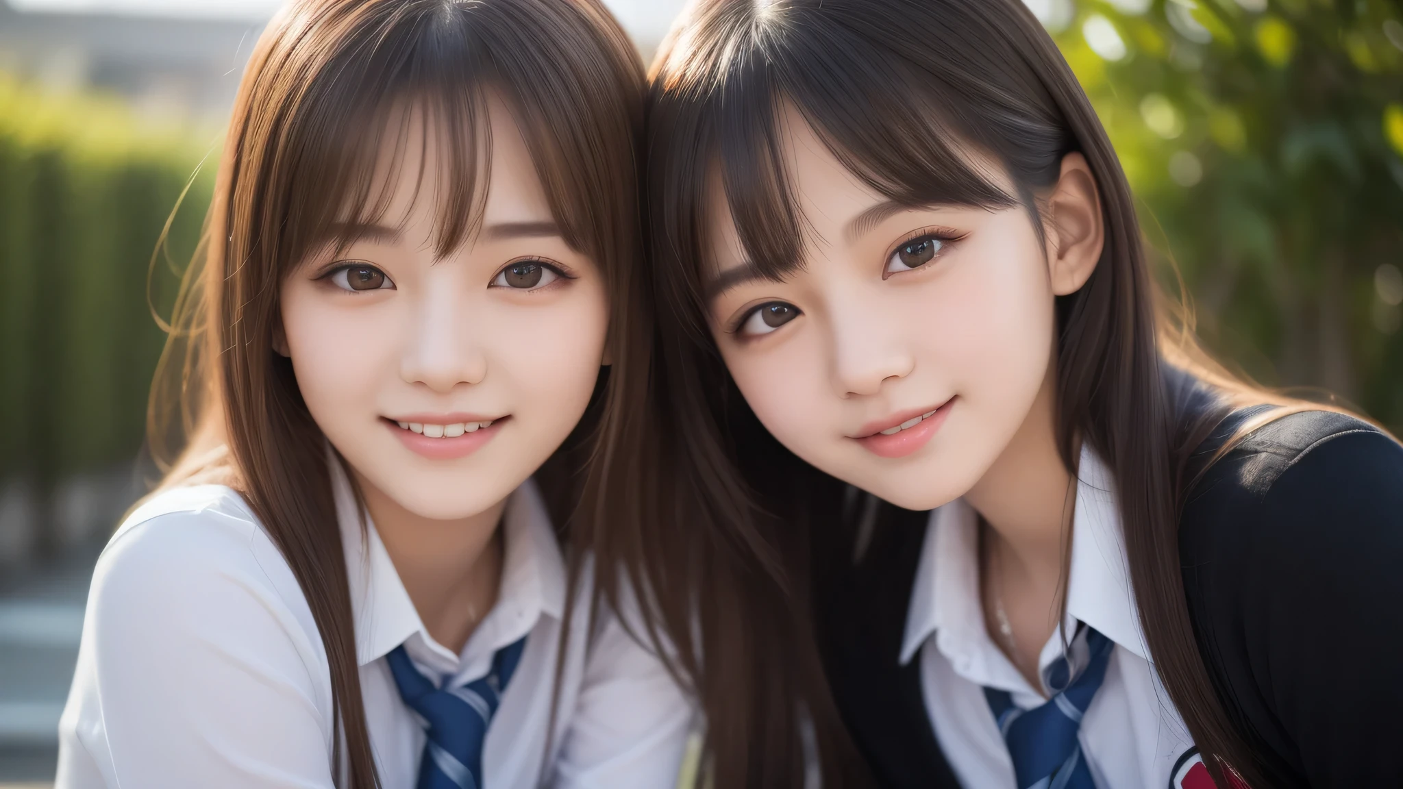 (2girl:1.2), enchanting smile, (Best Quality:1.4), Realistic, extremely detailed CG unified 8k wallpaper, highly detailed, High-definition raw color photos, professional photography, Realistic portrait, Cinematic Light, Beautiful detailed, Beautiful breasts, (Fine face:1.2), Close up portrait of girl, (high school uniform:1.2), Outdoors,