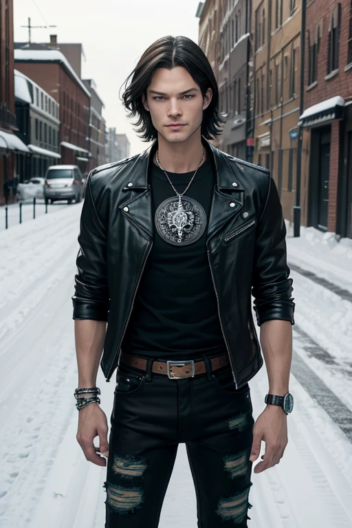 Jared Padalecki 20-year-old boy with open black jacket, blue t-shirt with snow print, short black hair, punk style, yellow locks, black jeans, green eyes, black leather belt, silver buckle, slim muscular build, cross medallion, silver bracelet, looking straight at the viewer