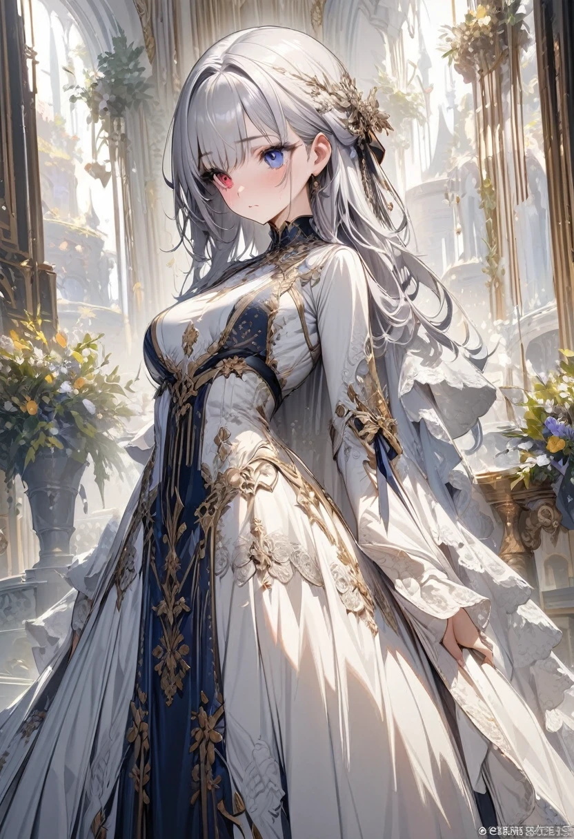 Best image quality, Excellent details, Ultra-high resolution, Best illustrations, Favorite Details, Very condensed one girl, Delicate and beautiful features,
(1girl, heterochromi, (long silver hair), dress, tall height, medium breast, torogao)