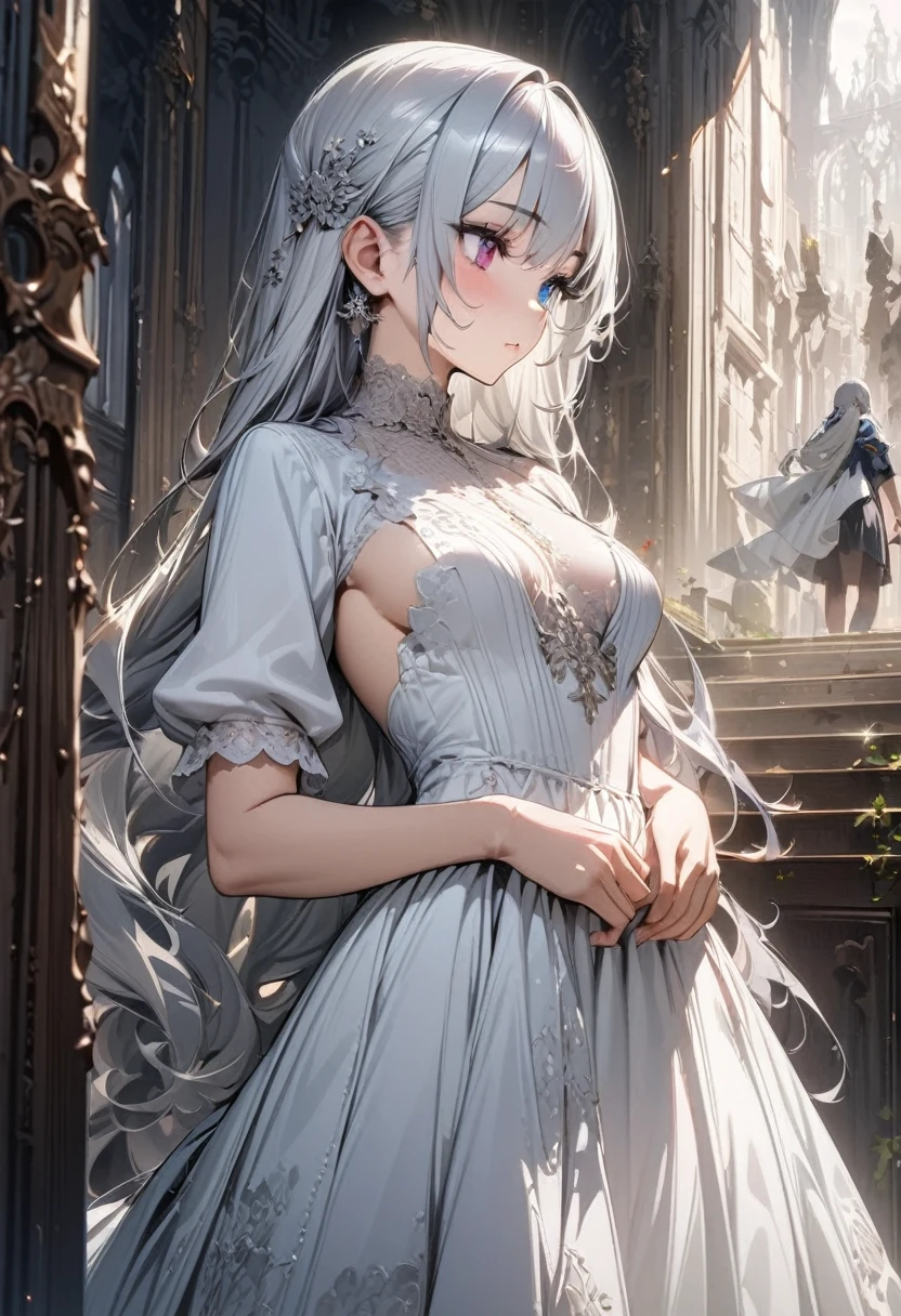 Best image quality, Excellent details, Ultra-high resolution, Best illustrations, Favorite Details, Very condensed one girl, Delicate and beautiful features,
(1girl, heterochromi, (long silver hair), dress, tall height, medium breast, torogao)