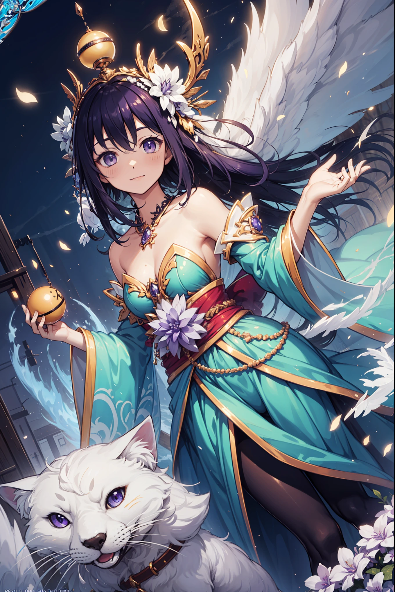 (Best quality, A high resolution, Textured skin, High quality, High details, High details,Extremely detailed CG unity), Enchanted,having fun,Being in love,witch in fantasy world,purple hair, purple eyes,A small amount of lilac pattern,A small amount of sky blue cloth,exquisite costumes,solo person,the night,Simple pantyhose,A small amount of lace,Dazzle, woman, beautiful, mystic, psychic powers, dark purple hair, grey eyes, mystic ball, cats, (holding mystic ball:1.2), (outdoors), (night sky)