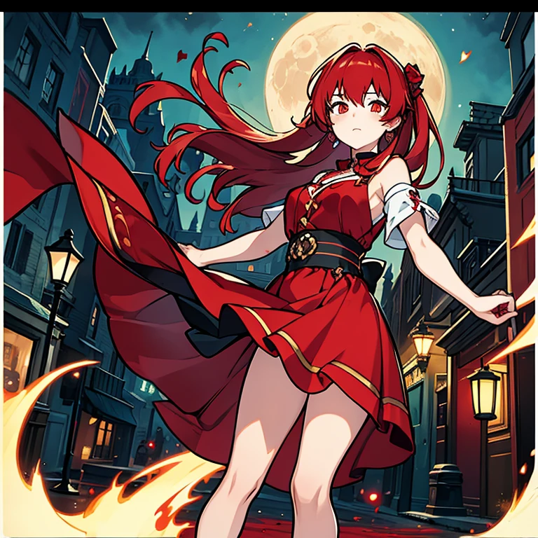 (Master piece Best quality),1 Girl, red hair, blood on lips, red dress, night, full of blood, moon, background street lights,