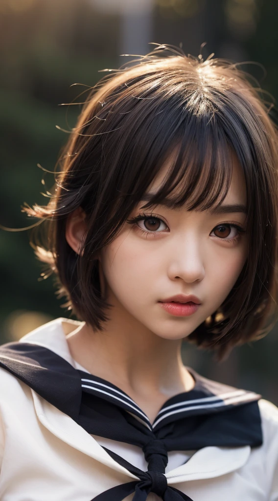 (Hassleblad H6D-400c), (medium format image),(dreamy),(400 mega pixels),(photorealistic:1.4),(RAW photo:1.2),(8k),(masterpiece:1.3),(realistic),(hyper-realistic),ultra-detailed,illustration,(very_high_realistic:1.5),(very_high_resolution:1.5),HDR,CG,unity,8k wallpaper,Amazing,finely detail,official art,extremely detailed CG unity 8k wallpaper,(best quality),incredibly absurdres,ultra-detailed,light on face,cinema lights,cinematic lighting,professional lighting,photon mapping,radiosity,physically-based rendering,solo focus,sharp focus,highres,extremely detailed,extremely delicate and beautiful,intricate detail,facial muscles,beautiful detailed girl,natural makeup,extremely detailed face,looking away,(embarassed,smile, happy, grin, flustered:0.3),japanese girl,((solo)),(very short black hair with bangs),(finely detailed beautiful AMBER Black eyes: 2),symmetrical pupils,extremely detailed pupils,lustrous skin,show Clavicle, perfect skin,(medium_breasts:1.3),slim body,narrow waist,Proper body proportion,perfect body,((sailor uniform:1.5)),