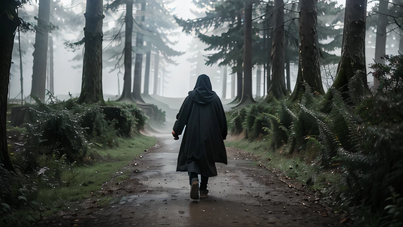 The fleeing figure, leaving the House of Forgetfulness with a panicked expression on their face and heavy footsteps leading them out of the forest. In the background, the gloomy forest is visible, shrouded in fog and echoing with the whispers of the ghosts of the past.
