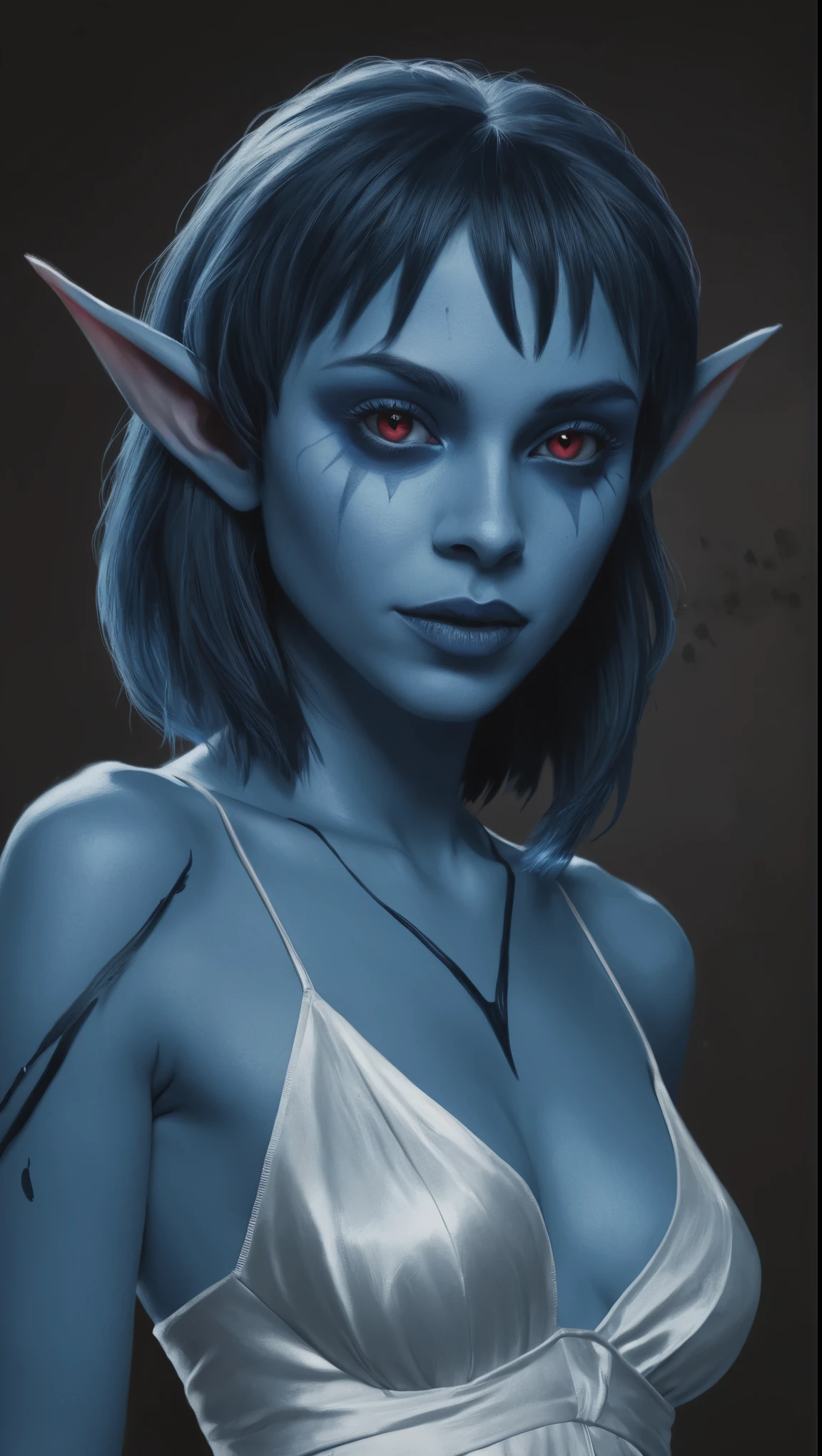 An illustrated movie poster, hand-drawn, full color, a young drow woman, drow elf, wearing a silk chemise, blue skin, blue complexion, pointy elf ears, ruby eyes, dark hair, shaggy bob, posing like a model, hard shadows, graphite shading, stencil marks, airbrushed acrylic paint, masterpiece, in the style of Rockstar Games