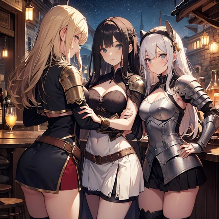 A group of female medieval fantasy adventurers, (in tavern), various hair styles, harem, night, details face, short skirt, seducing, sleeveless, armor