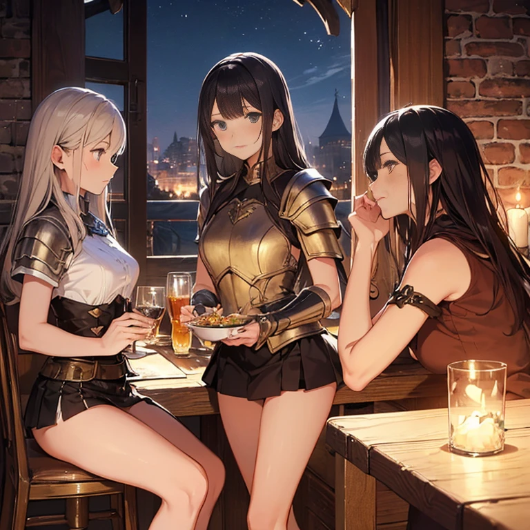 A group of female medieval fantasy adventurers, (in tavern), various hair styles, harem, night, details face, short skirt, seducing, sleeveless, armor