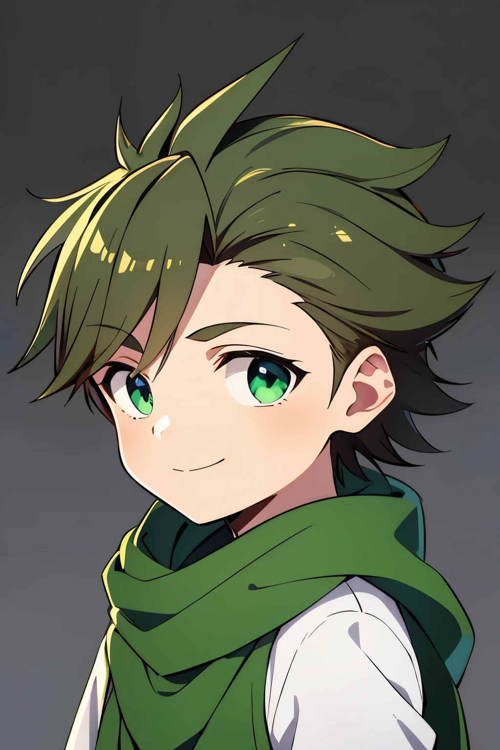 (high-quality, breathtaking),(expressive eyes, perfect face) 1boy, male, solo, age 5, toddler age, dark brown color hair, green eye color, spiky fluffy hair, wavy hair, short hair length, cute smile, 3" Height, cute face, childlike face, white and green tunic, Symmetrical Eyes, portrait, bustshot, positive expression, grey background, green scarf, spiked up hair
