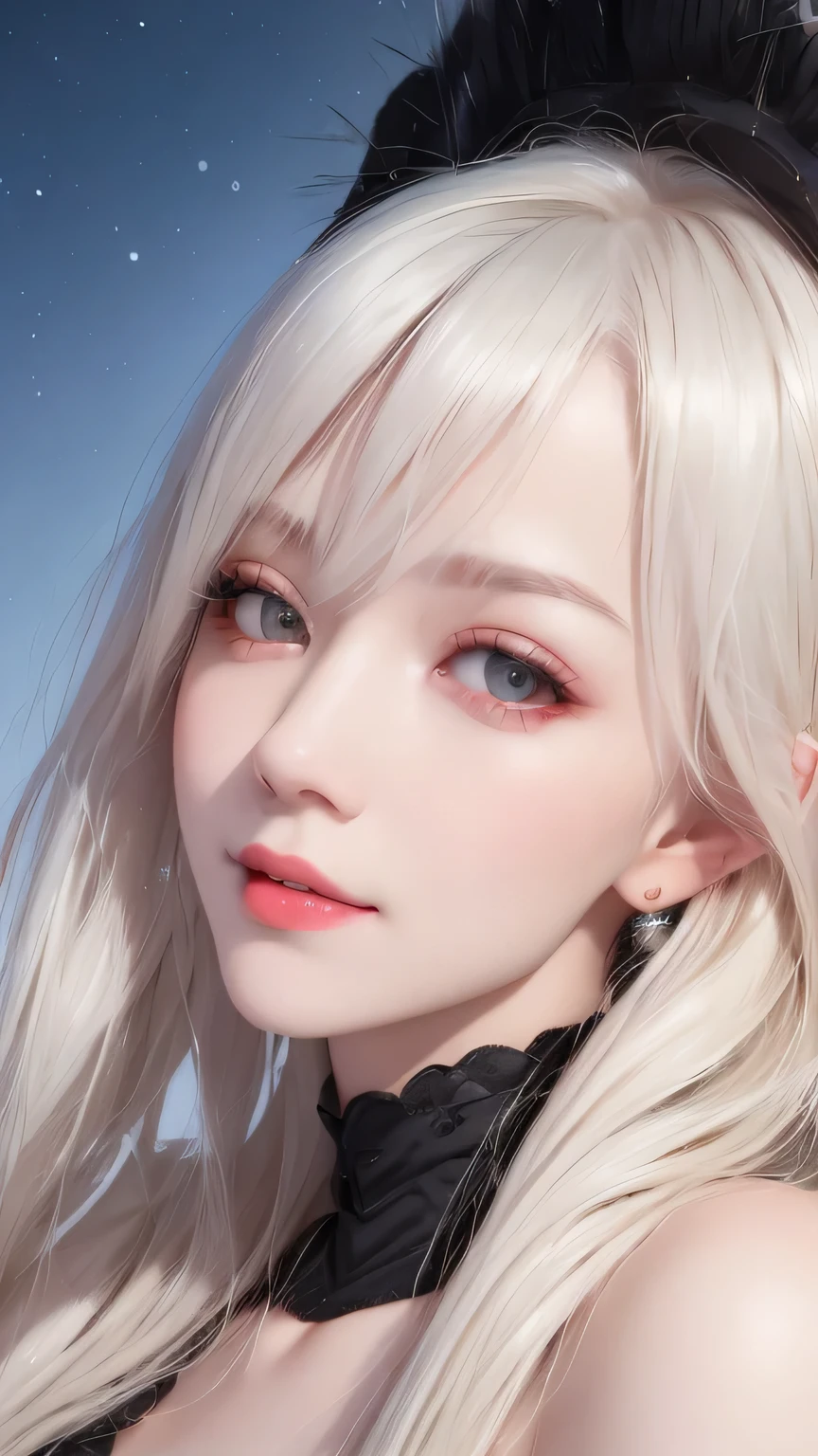 black hair, hair bobbles, wince, longeyelashes, solid circle eyes, light smile, ear blush, fang, Surrealism, drop shadow, anaglyph, stereogram, tachi-e, pov, atmospheric perspective, 8k, super detail, ccurate, best quality,(masterpiece), (best quality), 1 girl, (Perfect face:1.2), (Pretty Face:1.2), Platinum Blonde, (From below, Upper Body:1.3), Happy, A faint smile, Looking at the audience, posture, winter coat, outdoor, winter, snow, night, Wheel within a wheel, Depth of Field, Movie Lighting,