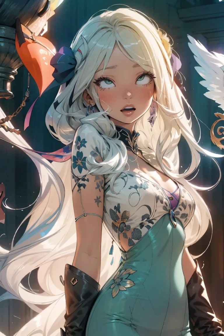 (((masterpiece))), (((best quality))), ((ultra-detailed)), (hyperrealistic), (highly detailed CG illustration), ((extremely delicate and beautiful)),cinematic light, (full body:1.2), 1girl, solo, graceful and enchanting figure, radiating an aura of elegance, intricate facial features, mesmerizing eyes with vibrant colors and delicate shading, white hair, (ahegao:1.2), (ahg:1.2), climax face, (rolling eyes:1.4), shivering, trembling, in agony, (reaching the climax:1.4), blush, embarrassed, tongue out, drool, (head facing upwards:1.1),clothing with elaborate patterns, flowing fabrics and rich textures, reflecting a blend of fantasy and contemporary fashion, no underwear, no bra, hard nipples, open chest, under boob, side boob, environment showing mystical realm filled with magical elements, vibrant colors, dynamic lighting, detailed background elements to create a sense of depth and immersion , latest trends in anime art, lighting effects, from the top artists on ArtStation and their exceptional execution of various art styles and themes , (cowboy shot:1.4), high-resolution artwork to showcase intricate details and clarity.