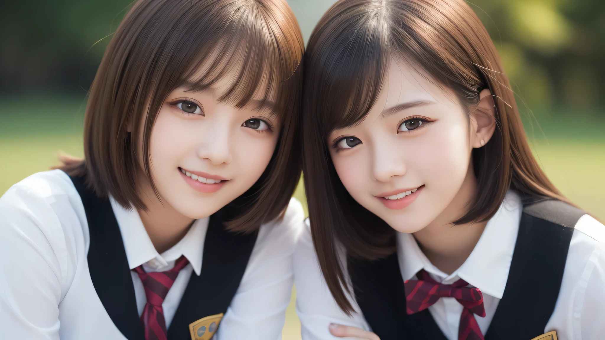 (2girl:1.2), enchanting smile, bob hairstyle. (Best Quality:1.4), Realistic, extremely detailed CG unified 8k wallpaper, highly detailed, High-definition raw color photos, professional photography, Realistic portrait, Cinematic Light, Beautiful detailed, Beautiful breasts, (Fine face:1.2), Close up portrait of girl, (high school uniform:1.2), Outdoors, 