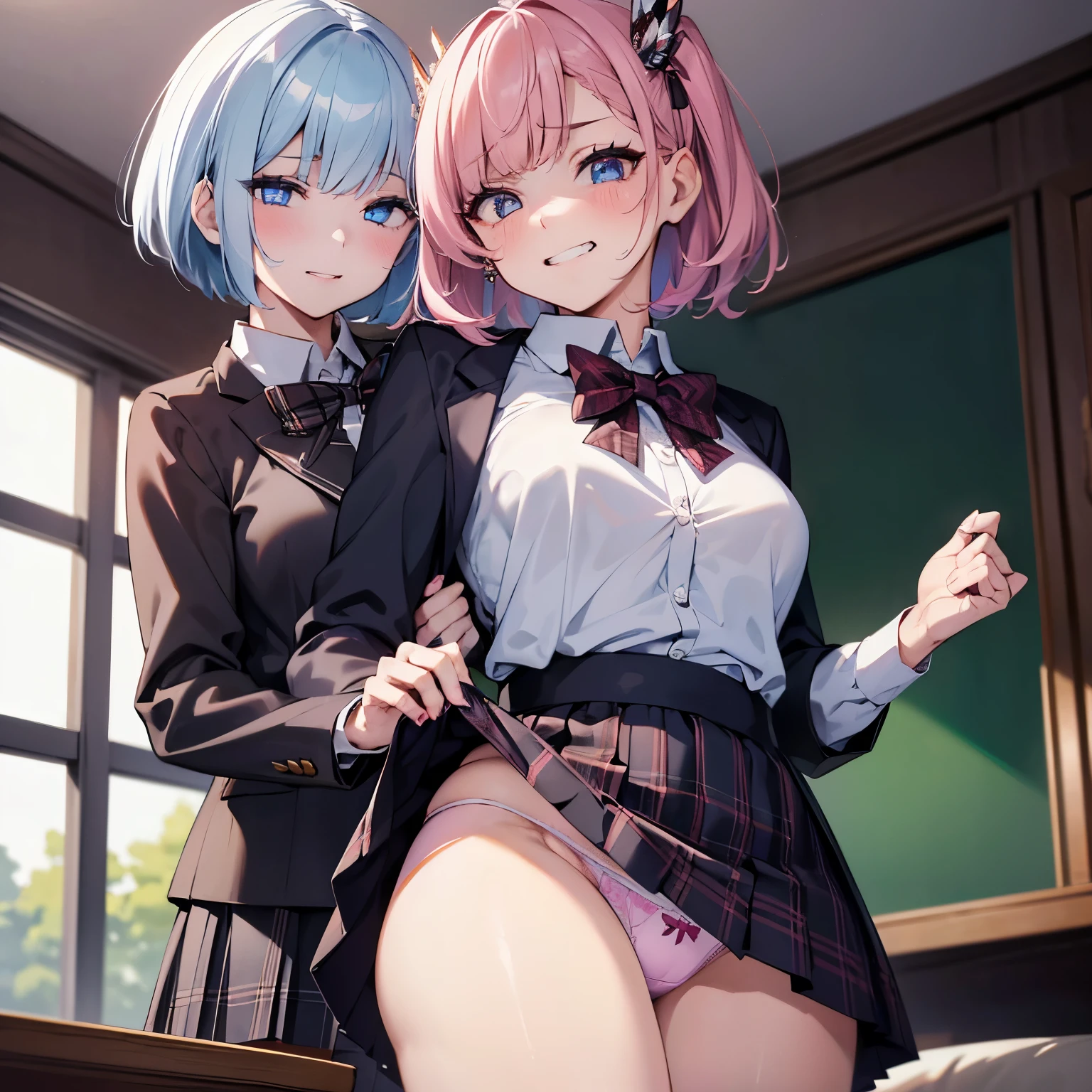2girls,
(assisted_exposure:1.3),lift skirt
,looking down at viewer,{{{from below:1.2}}}, very low-angle shot, View from below},
short bob hair, Strands of hair,Farben Hair color
,BREAK,
{{{shaded face}}}, grin,smile, looking down at viewer, masterpiece,absurderes, beautiful detailed face
Classroom
,tiny chest、red blush, gyaru, shirt, plaid, bow, blush, white shirt, hair ornament, nail polish, plaid skirt, bowtie, pleated skirt,cleavage
,looking at the viewers, BREAK, masterpiece,absurderes, beautiful detailed face,(masutepiece:1.2), Best Quality, High resolution, Unity 8k wallpaper, (Illustration:0.8), (Beautiful detailed eyes:1.6), extra detailed face, Perfect Lighting, extremely details CG, (Perfect hands, Perfect Anatomy),(Skirt lift:1.3), (Skirt that rolls up:1.3)、(Fully exposed panties:1.5)