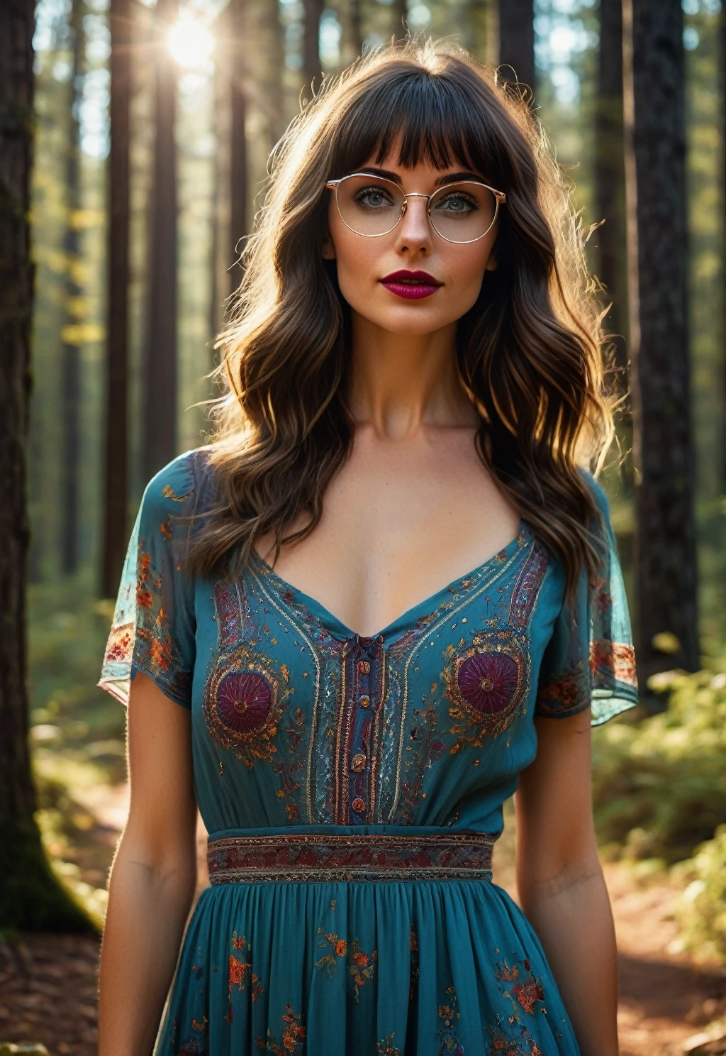 (((Realism; 8k definition features; The main scene is a full view of the person image taken from a distance with a wide-angle f/1.2 camera; realistic image; woman, normal appearance, contemporary style, blue eyes; light brunette, 38 years old , wearing square glasses))); ((normal body thin abdomen, narrow waist)), small, well-shaped eyes; thin and detailed eyebrows, (half-combed dark brown hair, bangs), very detailed skin texture, slight dimple on the face without makeup, small mouth with burgundy lipstick 1.4, long dress 1.6 ))), clear facial features)); (radiant expression; looking at the front of the scene: 1.2), (((completely contrasted background))) more ultra-real clothes: 1.8)), legs in front of each other: 1.4, ((exposed detail : 1.4, total scene position focus (f/1.2)); Sunlight hitting a forest; volumetric lighting, spectacular, ambient lights, luminous colors, cinematic atmosphere, realism style, intricate details in high capture. ((best quality: 1.4, 8k)), (((ultra-high resolution, physics-based rendering. ((Many bright and colorful particles are flying: 1.5, backlit )). full-length woman, appearance calm, bohemian style, blue eyes;