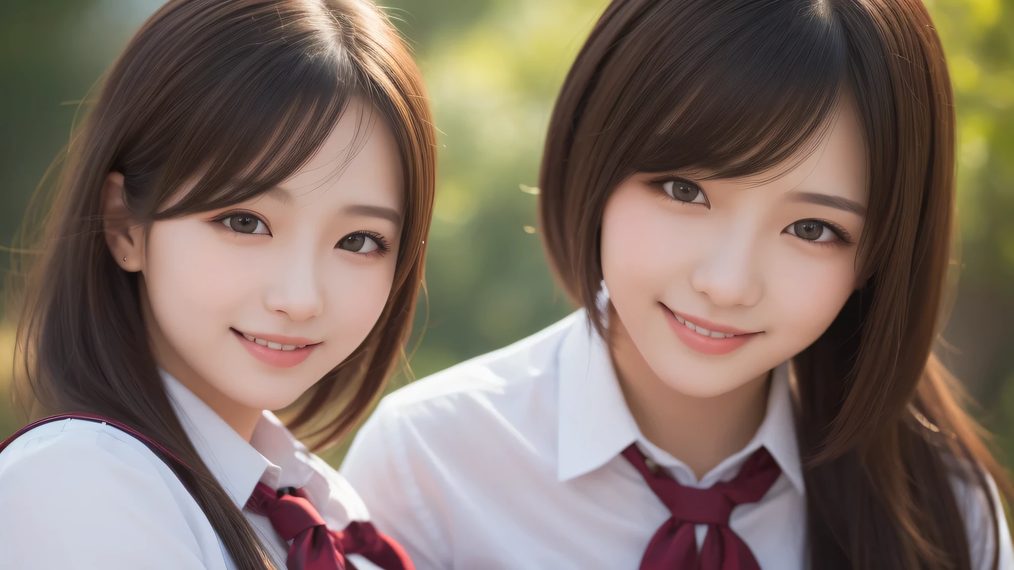 (2girl:1.2), enchanting smile, (bob hairstyle). (Best Quality:1.4), Realistic, extremely detailed CG unified 8k wallpaper, highly detailed, High-definition raw color photos, professional photography, Realistic portrait, Cinematic Light, Beautiful detailed, Beautiful breasts, (Fine face:1.2), Close up portrait of girl, (high school uniform:1.2), Outdoors,