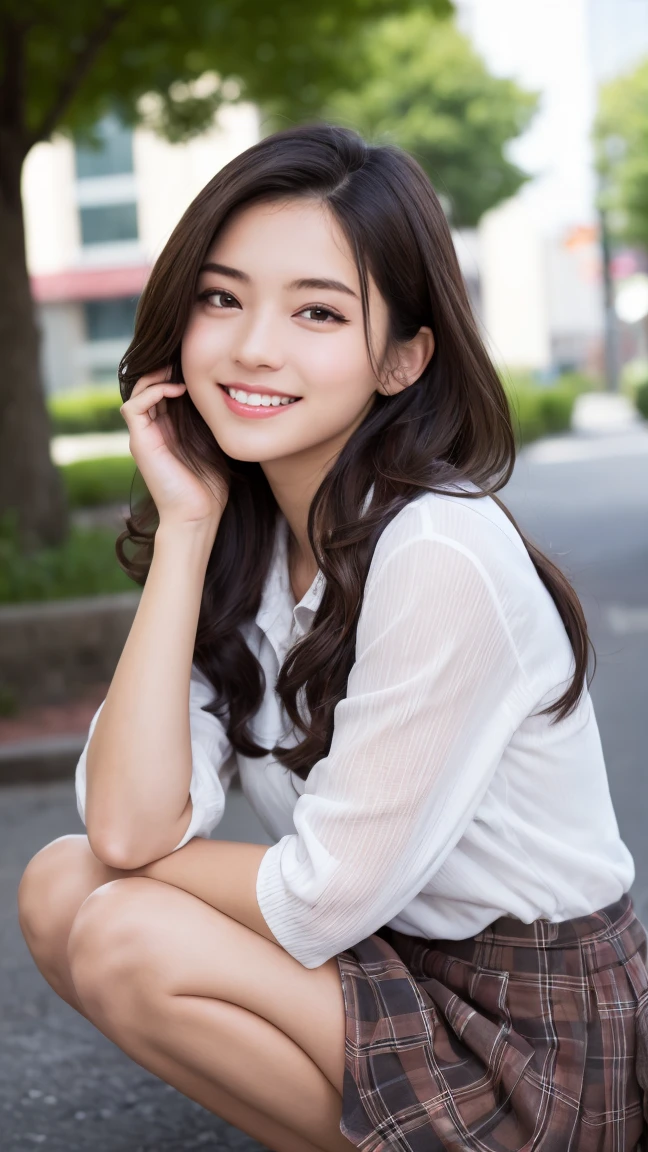 Realistic, masterpiece, highest quality, Highest Resolution, One Japan , , Upper body photo, he女は目を細めた.、Look at me with a shy smile, Laughing with your mouth open, How to draw beautiful and delicate eyes, (Droopy eyes:1.3), Dark Eyes, Thin eyebrows, Draw eyelashes carefully, I can see your teeth, Gal Makeup, (Brown and white wavy hair with white mesh, Long Hair, middle part:1.3), (Hidden eyelid wrinkles:1.3), he'Wearing a neat white button-up shirt.., he女はショートパンツを着ています, gray, Check Pleated Skirt., A was taken from diagonally below., School classroom、Early summer morning、A refreshing college student walking on campus、he女は友達と笑顔で挨拶を交わす