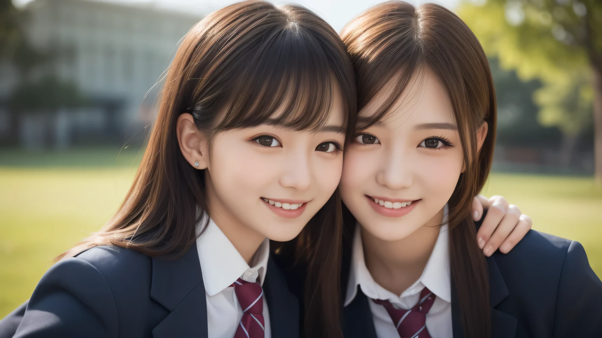 (2girl:1.2), enchanting smile, (bob hairstyle). (Best Quality:1.4), Realistic, extremely detailed CG unified 8k wallpaper, highly detailed, High-definition raw color photos, professional photography, Realistic portrait, Cinematic Light, Beautiful detailed, Beautiful breasts, (Fine face:1.2), Close up portrait of girl, (high school uniform:1.2), Outdoors,