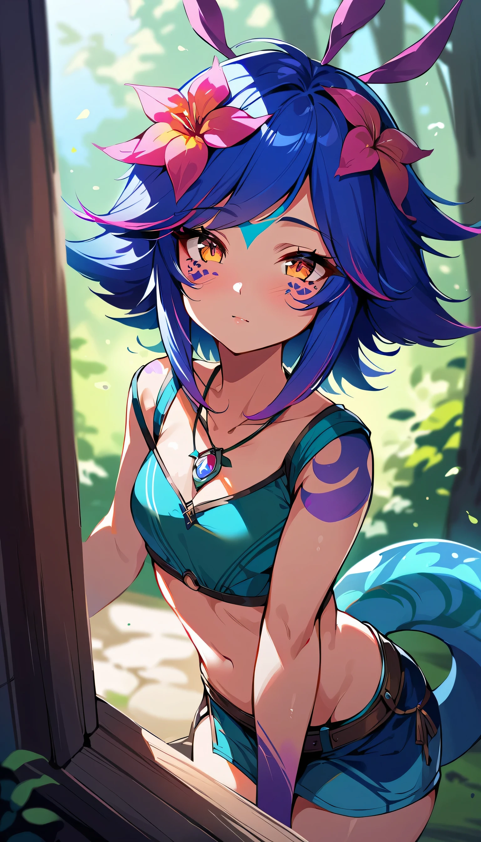 masterpiece,(best quality,top quality,8k),ultra detailed,illustration,painting,detailed eyes and face,(1girl),neeko, multicolored hair, colored skin,(short hair:1.1), facial mark, forehead mark, hair ornament, hair flower, necklace, brown crop top, Lizard tail,sleeping,(looking at viewer),(puffy eyes) ,good contrast , high sharpness,(gorgeous),RAW Photography,(hyperdetailed),forest