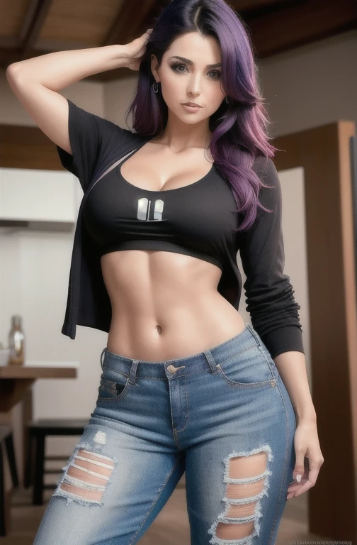 Beautiful woman with wavy hair Detailed attractive eyes Long and sexy legs between thighs wearing tiny shorts T-shirt in the beautiful futuristic city cyberpunk +, holding a transparent round plastic pot with acai berry of purple color well highlighted, mist, wet, raining, masterpiece of best quality, photorealistic, detailed, 8k, HDR, shallow depth of field, wide light, high contrast,  backlight, flower, light glows, chromatic aberration, sharp focus, RAW color photo