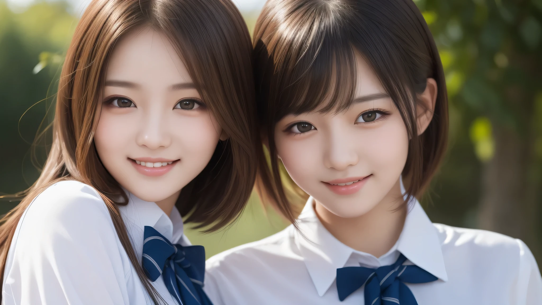 (bob hairstyle). (2girl:1.2), enchanting smile, (Best Quality:1.4), Realistic, extremely detailed CG unified 8k wallpaper, highly detailed, High-definition raw color photos, professional photography, Realistic portrait, Cinematic Light, Beautiful detailed, Beautiful breasts, (Fine face:1.2), Close up portrait of girl, (high school uniform:1.2), Outdoors,