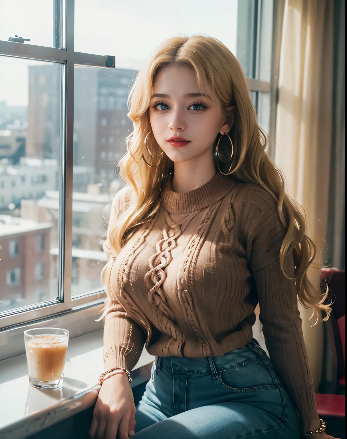 1girl, (Blue Eyes), (smiling), (Sana Minatozaki), (beautiful makeup :1.2), wide hips, Big tits, big ass, (thin waist: 1.2), (thick and toned thighs), (Best Quality, 8k, Masterpiece: 1.3), Clear Focus: 1.2, Perfect Body Beauty: 1.4, strong abs, Highly detailed face and skin texture, detailed eyes, double eyelids, red lips, (blonde long wavy hair :1.2), (brown sweater :1.3), jeans, (pearl hoops :1.3), sitting in a cafe, window with city in the background, blurred background